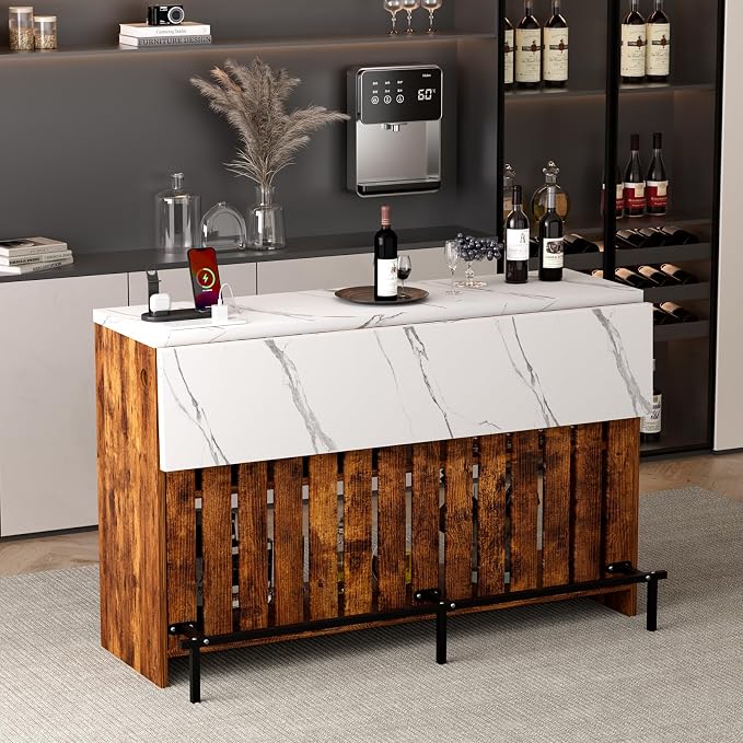 Home Bar Unit with LED Lights and Charging Station, Imitation Marble Mini - Image 2
