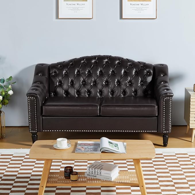 LEVNARY Chesterfield Loveseat Leather, Upholstered Sofa by LEVNARY