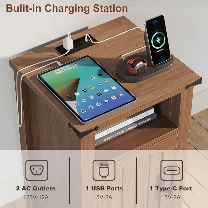 Farmhouse Nightstand with Charging Station, End Table with USB/Type-C Ports and - Image 4