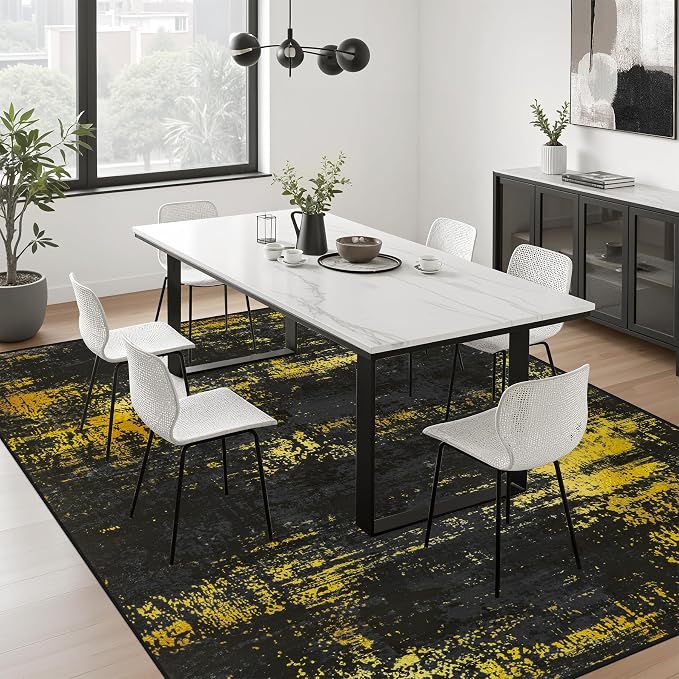 10x14 Area Rug Living Room: Modern Washable Soft Carpet Black Gold | - Image 4
