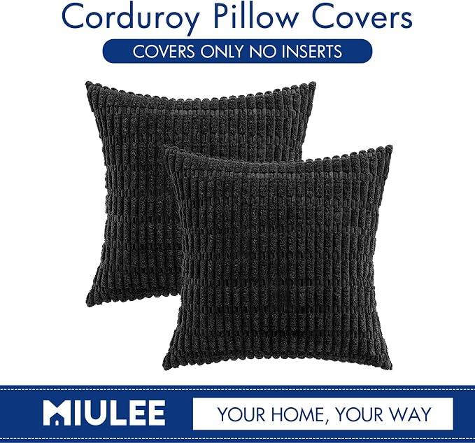 MIULEE Euro Sham Corduroy Decorative Throw Pillow Covers 24x24 Black | Pack of - Image 6