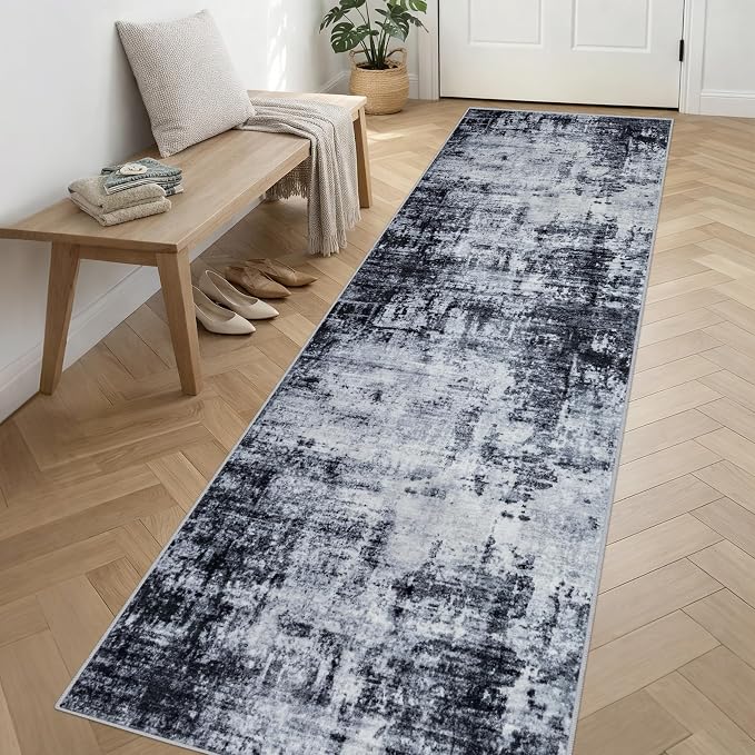 3x14 Washable Runner Rug：Modern Abstract Soft Carpet Dark Black | - Image 3