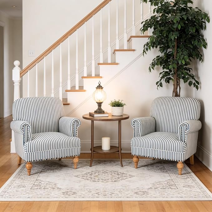 Blue Striped Linen Fabric Accent Chair, Coastal Upholstered Armchair - Image 8