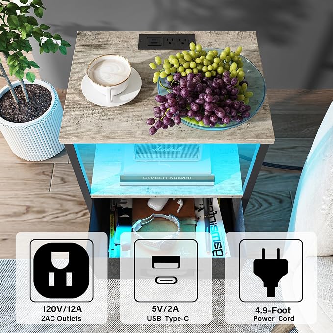 TUTOTAK LED End Table with Charging Station, Nightstand with Cloth Drawer - Image 4