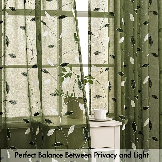 MIULEE Olive Green Sheer Curtains 2 Panels Leaf Patterned, W52 x L96 | - Image 5