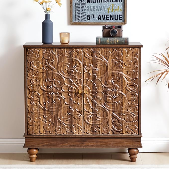 weselon Accent Cabinet with 2 Doors, Farmhouse Carved Buffet Sideboard with by WelcometoFurnitureSalon