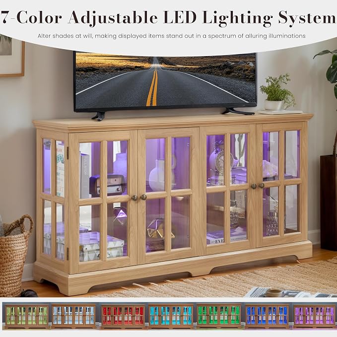 59" W LED Curio Cabinet with 7 Color Lights, Vintage Glass Display Case with - Image 3