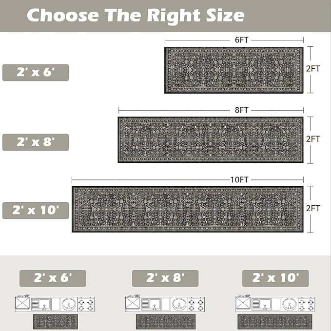 Grey Hallway Runner Rug 2x6 for Bedroom Kitchen | Low Pile; Non Slip; Stain - Image 2
