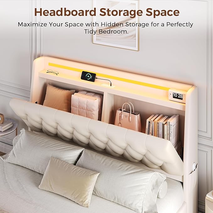 Full LED Velvet Bed Frame with 2 Storage Drawers&Hidden Headboard, Upholstered - Image 4