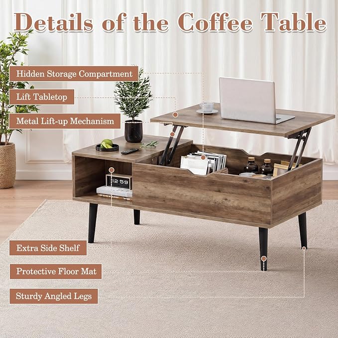 OLIXIS Wooden Coffee Table, Lift Top Coffee Table - Image 8