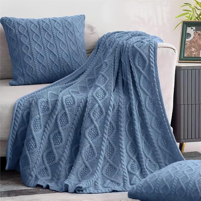 Homiest Dusty Blue Cable Knit Throw, 60 x 80 Inch, Lightweight Acrylic Knitted by Homiest