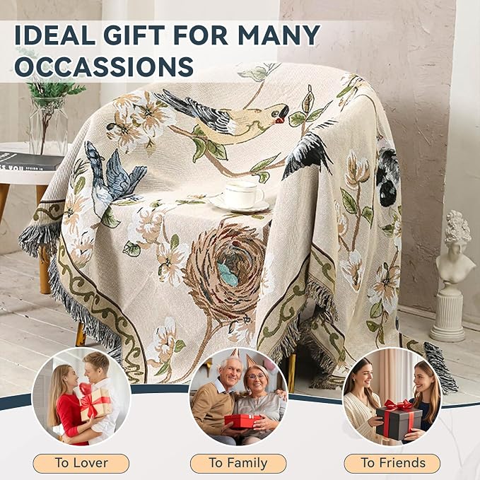 VClife Boho Beige Jacquard Couch Cover Modern Floral Bird Cotton Linen Slipcover - Image 8