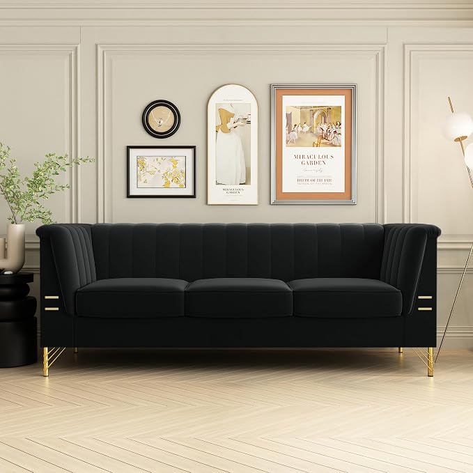83.46" W Black Velvet Sofa Couch - Image 9