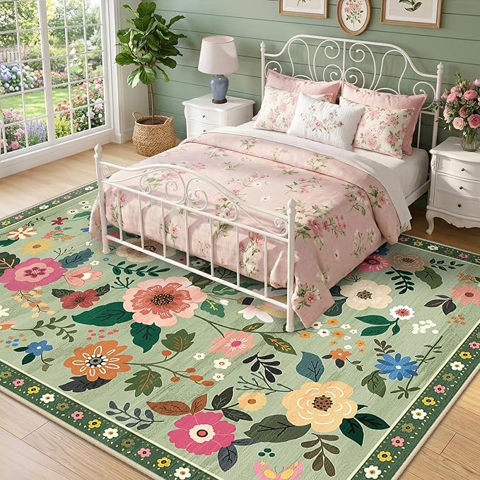 RELEANY Floral Washable 8x10 Area Rugs LightGreen | Flower Carpet Print Boho - Image 2