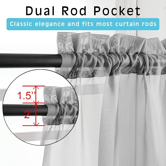Grey Sheer Curtains 72 Inches Long 2 Panels, Transparent Voile Sheer Curtain - Image 3