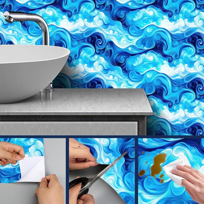 HOMETITUTE Artistic Blue Swirl Wave Pattern Wallpaper Peel and Stick Contact - Image 7