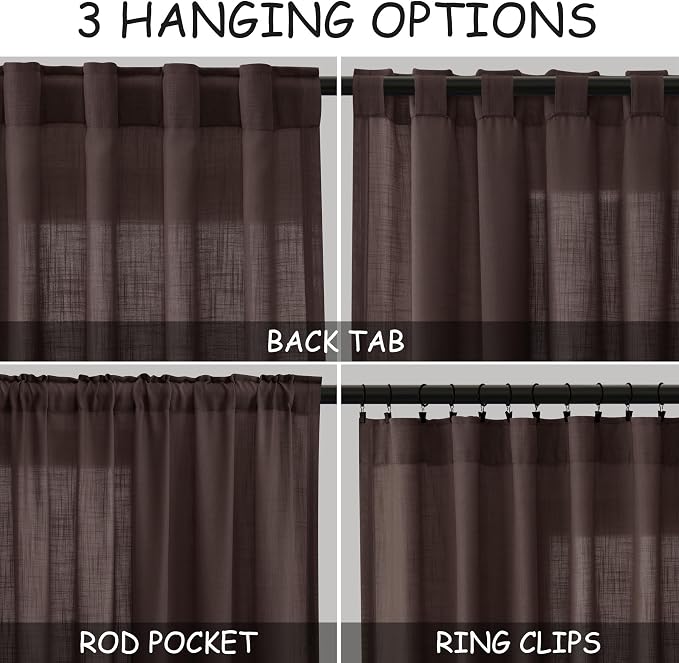 Coffee Linen Curtains for Living Room Back Tab Light Filtering Privacy Semi - Image 3