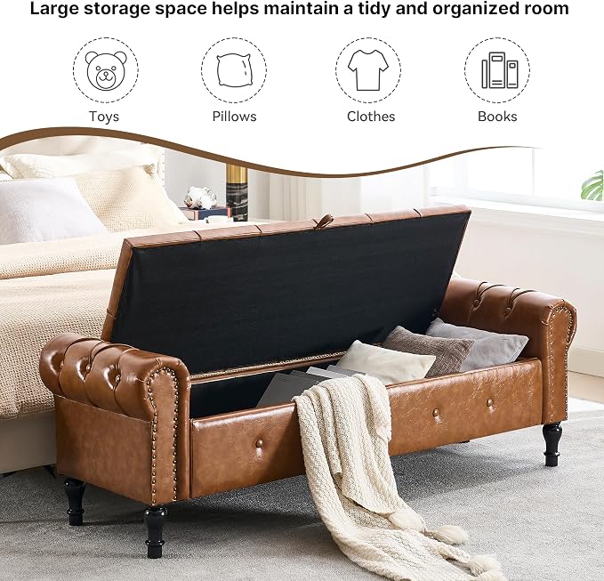 Storage Bench for Bedroom, Faux Leather 67" End of Bed Bench, King Size Bench - Image 5
