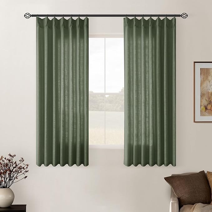 Olive Green Pinch Pleat Linen Semi Sheer Curtains 45 Inch Length 2 Panels | by Twodrapes