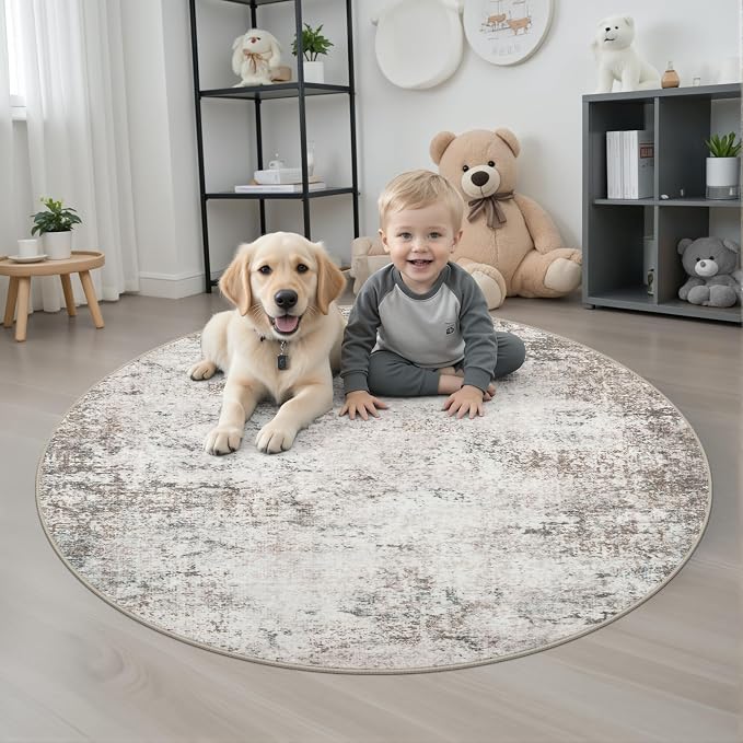 Round Area Rug Living Room: 4 ft Modern Washable Carpet Brown | - Image 2