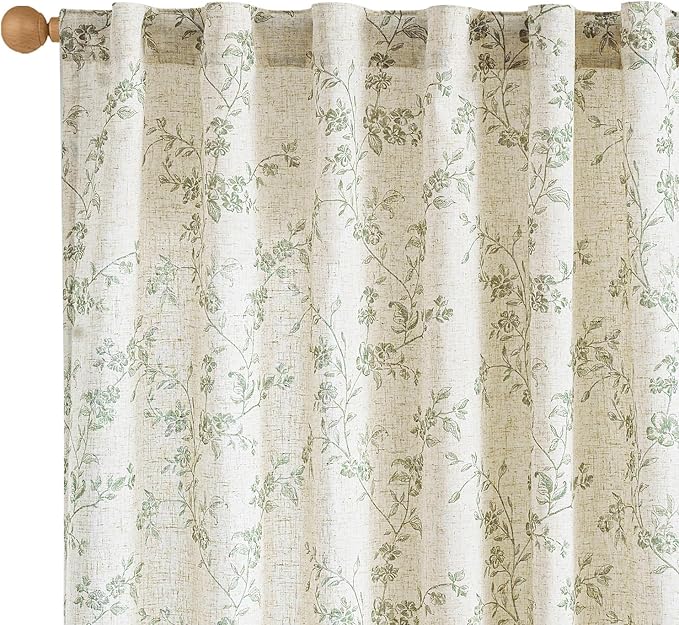 Green Vintage Floral Linen Curtains Farmhouse 50W X 90L 2 Panels | Elisa Series by Lazzzy