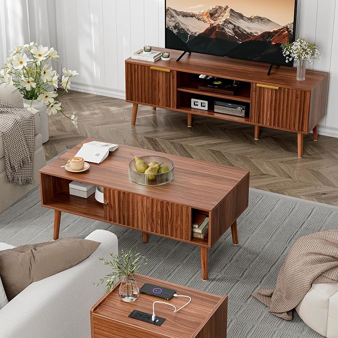 LCRBOL Coffee Table with Storage, Mid Century Dining Table with Sliding Fluted - Image 4