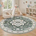 Round Area Rug for Living Room: 4ft Boho Washable Rug Green Ivory | Vintage - Image 5
