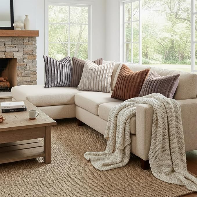 decorUhome Fall Faux Fur Throw Pillow Covers 12x20 Set of 2 Beige White | - Image 7