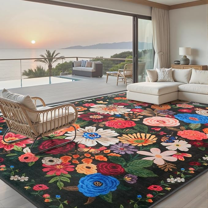 Black Brown Floral Large Area Rug 10x14 - Image 2
