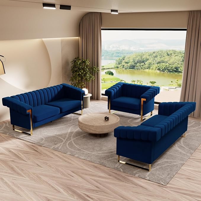 Mid-Century Modern Blue Velvet Single Sofa - Image 8