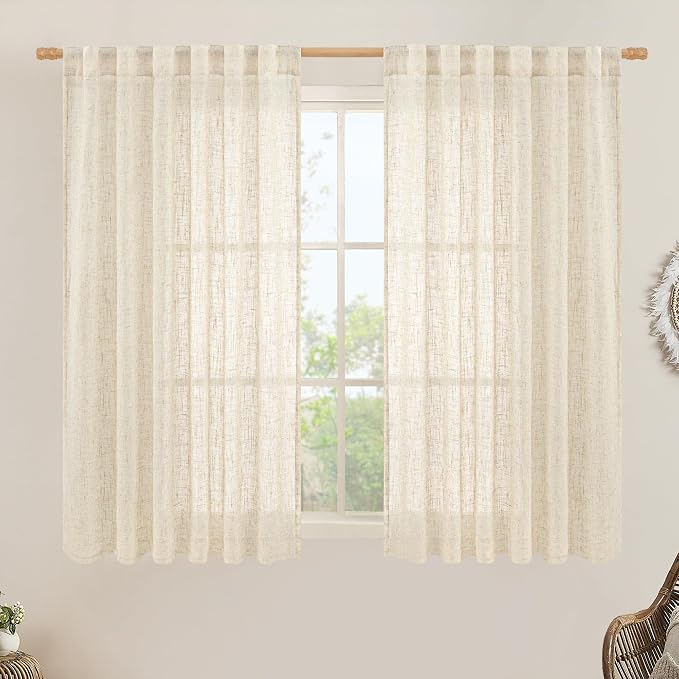 Beige Linen Semi Sheer Curtains 48 Inch by LAMIT