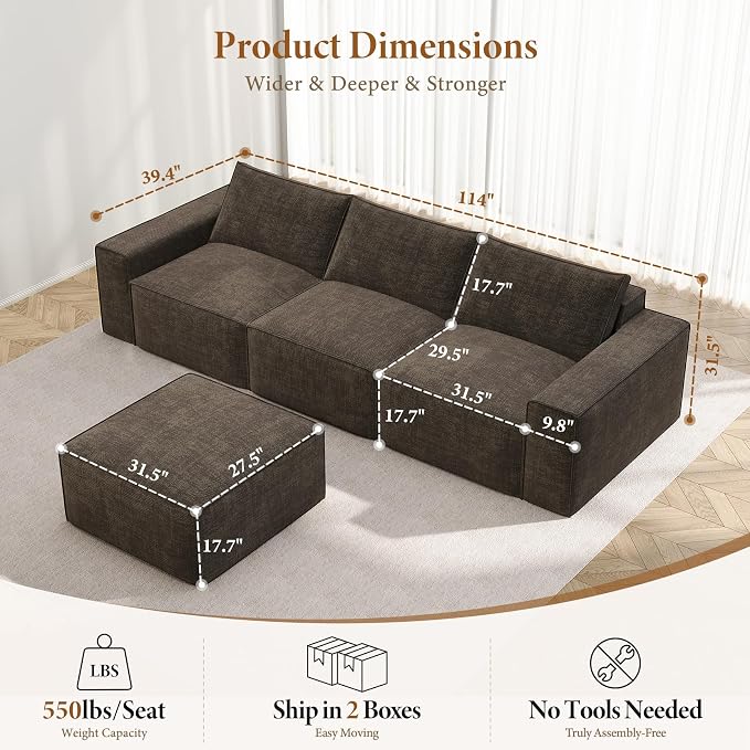 Vesgantti 114" Modular Boneless Couch, Modern 3 Seater Sectional Sofa - Image 2