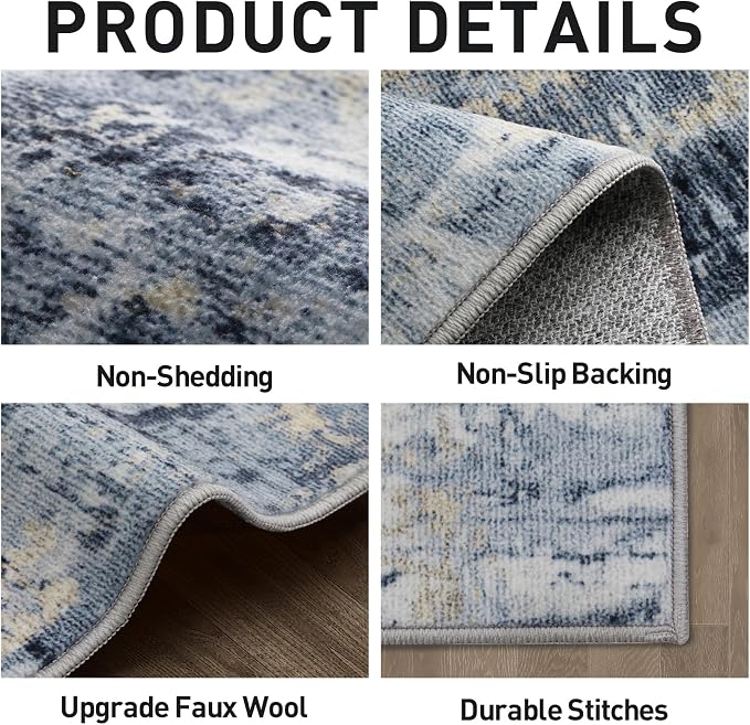 8x10 Area Rugs for Living Room: Washable Abstract Blue Gold Badroom Carpet | - Image 5