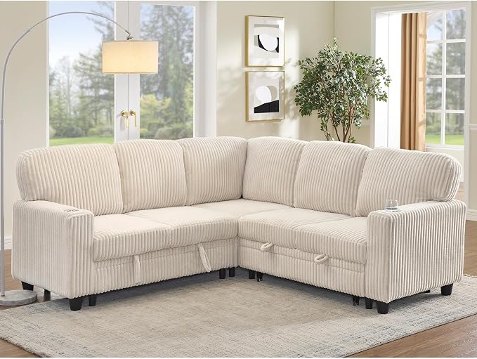 L-Shaped Sectional Couch with Storage and Pull Out Bed, Convertible Sofa Bed - Image 3