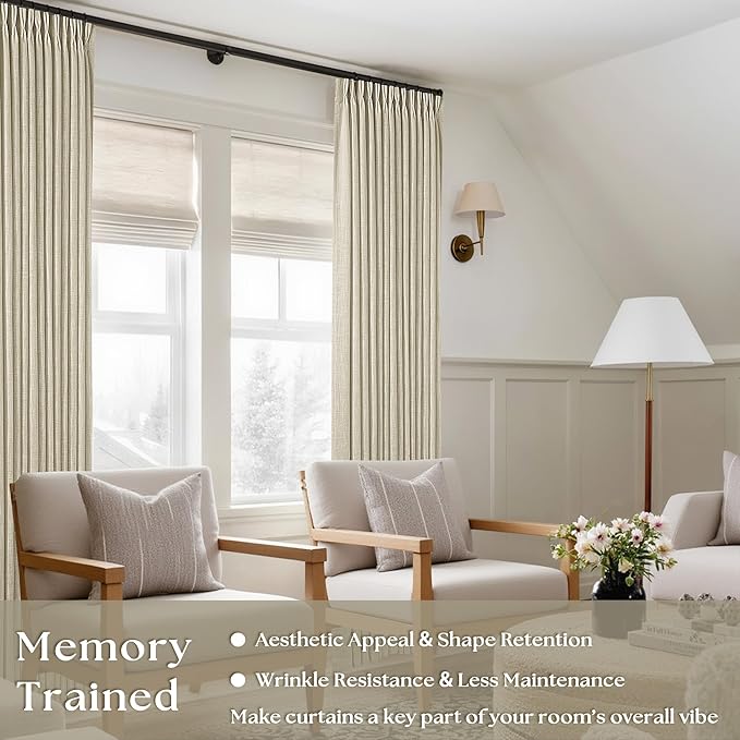 92 Inch Beige Flax Linen Curtains Pinch Pleated 2 Panels Set | Memory Training - Image 4