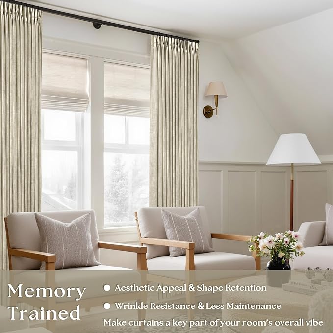 Beige Linen Curtains 96 Inches Long Pinch Pleated 2 Panels Set | Memory - Image 2