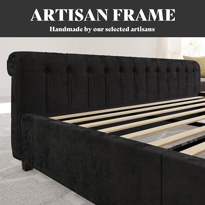 AMERLIFE California King Size Platform Bed Frame, Velvet Upholstered Sleigh Bed - Image 7