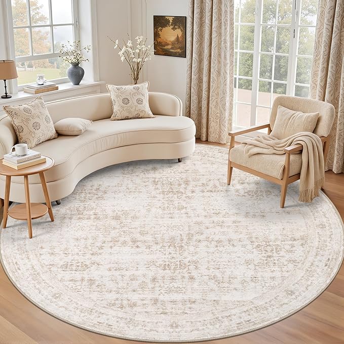 Round Area Rug for Living Room: 4ft Boho Washable Rug Beige Brown | Vintage by EXPEDIX