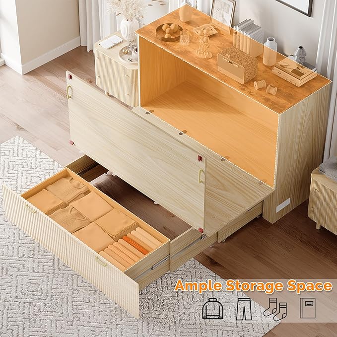 VINGLI Queen Murphy Bed with Storage Drawer, 2 Charging Station, Fluted Wooden - Image 5