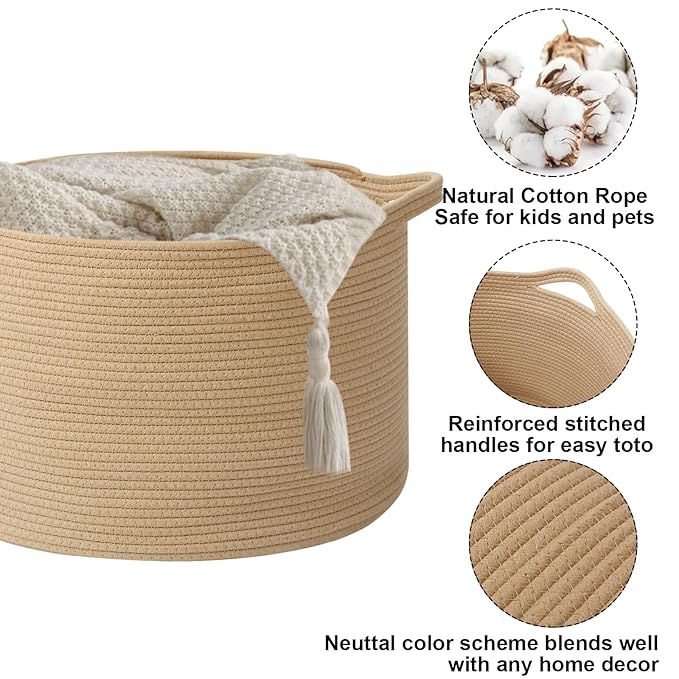 90L Extra Large Blanket Basket, Woven Rope Laundry Basket Hamper - Image 3