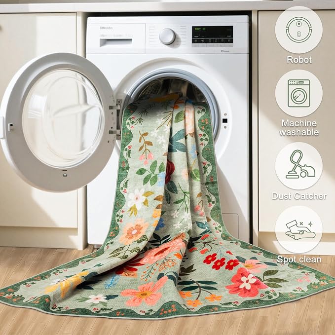 PLHXFR 3x10 Washable Runner Rug：Floral Indoor Kitchen Soft Carpet Green | - Image 8