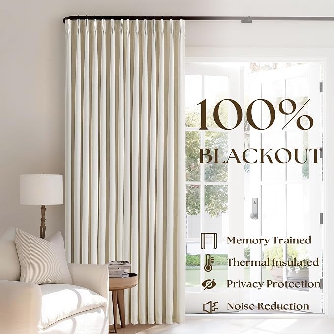 Cream Beige 100% Black Out Pinch Pleat Curtains 80 Inch Length 2 Panels | 2 - Image 3