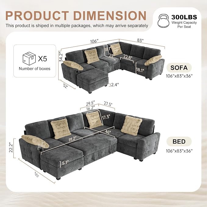 Hanherry Sectional Couch with Pull Out Sofa Bed, Chenille Sleeper Sofa with - Image 2