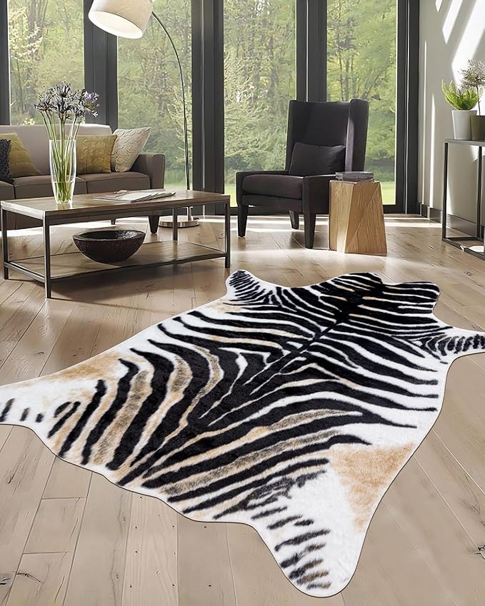 Zebra Print Rug for Living Room, Faux Fur Zebra Hide 6.2x8.2 Feet Animal Skin by WARMHAVEN