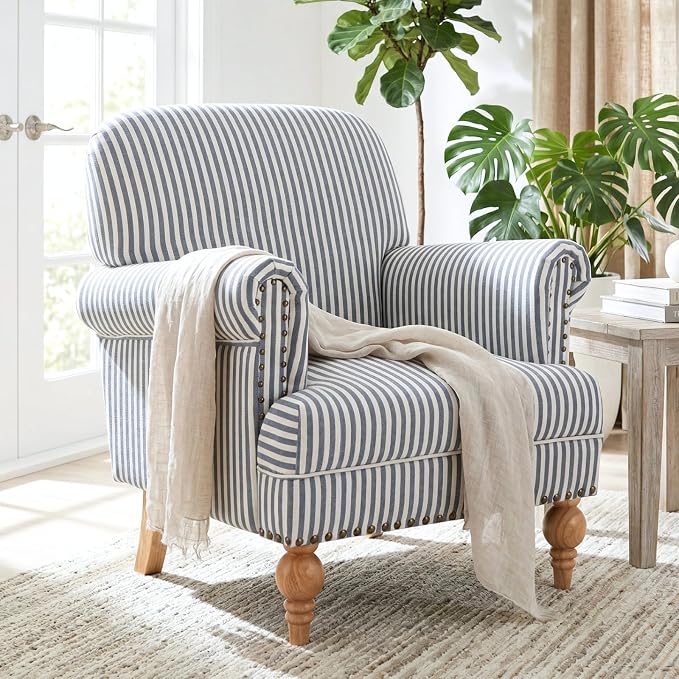 Blue Striped Linen Fabric Accent Chair, Coastal Upholstered Armchair by DMFurniture