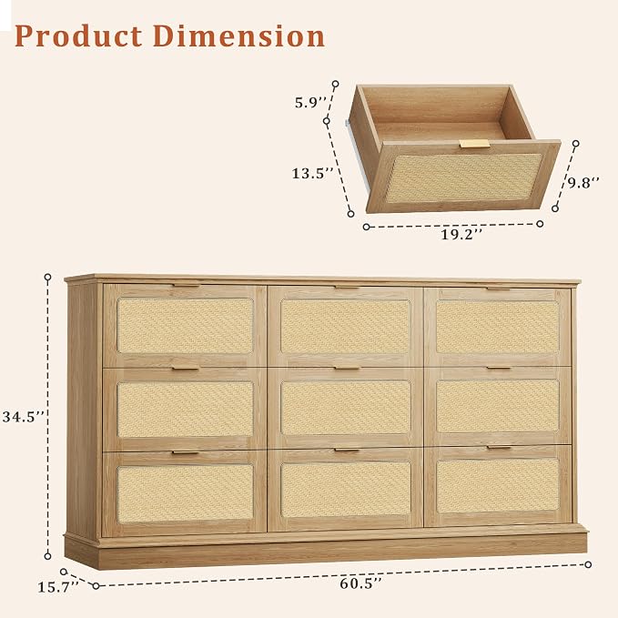 HUAHUU 9 Drawer Dresser for Bedroom, 60 Inch Long Dressers & Rattan Chest of - Image 2