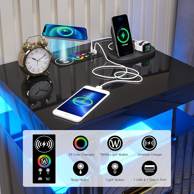 Nightstand with Wireless Charging Station, Smart Night Stand with 2 Drawers - Image 3