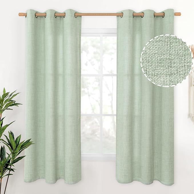 YoungsTex Sage Linen Curtains 63 Inch Length, Light Filtering Window Drapes by YoungsTex