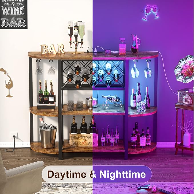 Unikito Wine Rack Table with Socket and LED Light, Floor Bar Cabinet - Image 7