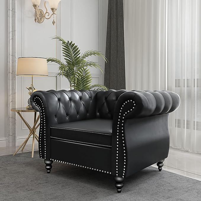 2 Piece Living Room Set, Chesterfield Leather Sofa Couch Chair - Image 6